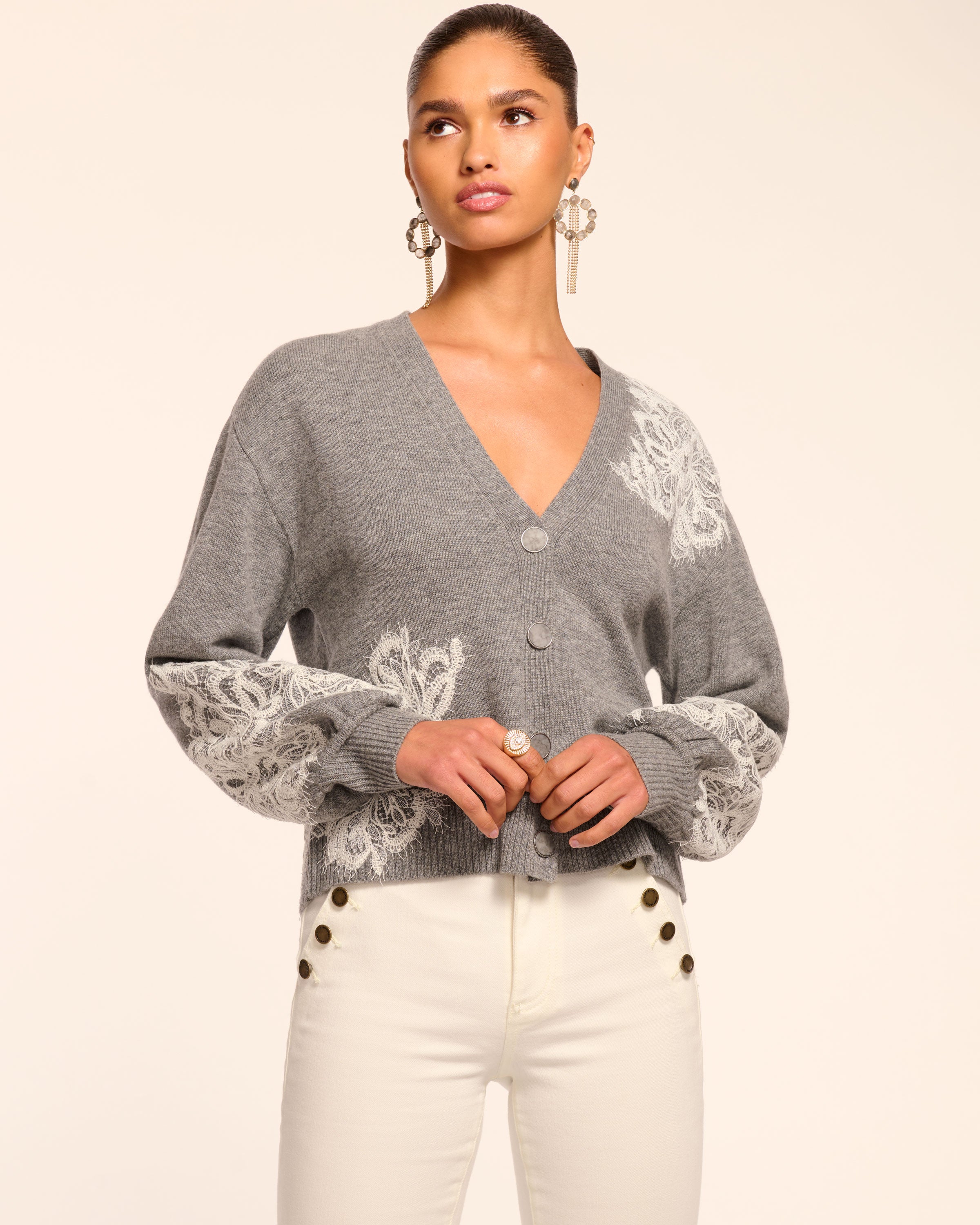 Perry Wool Embellished Cardigan Sweater in heather grey | Ramy Brook