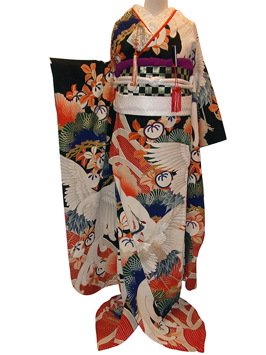 それいゆの極上アンティーク黒引き・振袖レンタル 黒地鶴紋振袖RF-21