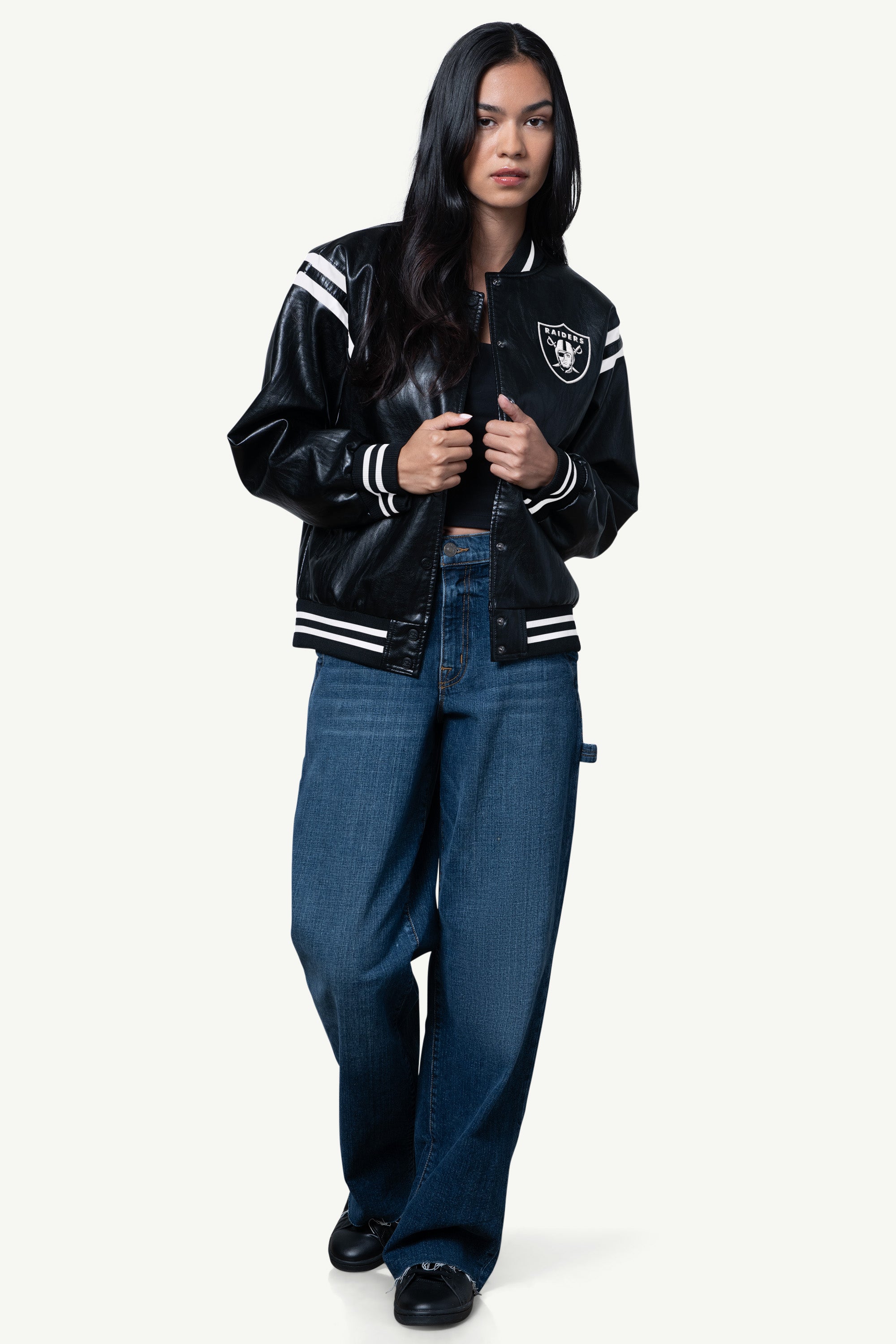 Womens Las Vegas Raiders Faux Leather Varsity Jacket | NFL | Starter