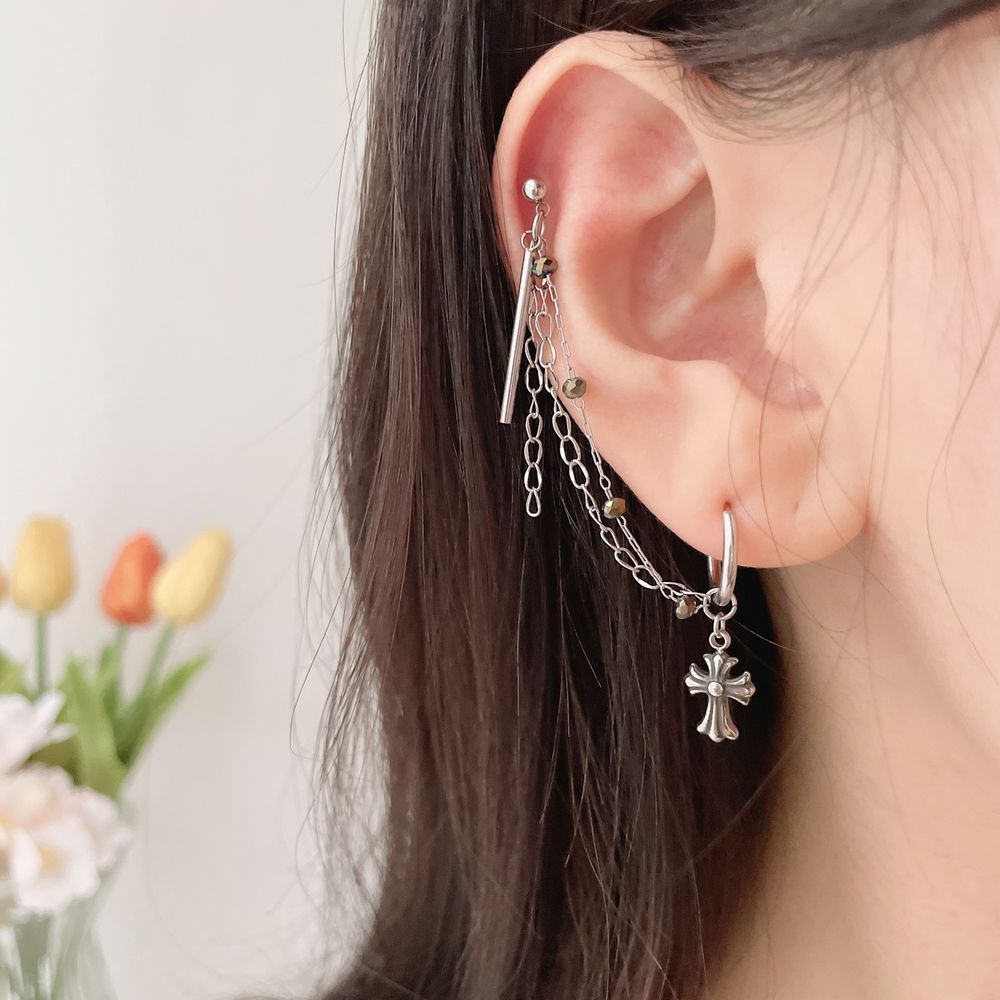 サージカル]クロスチャームチェーンデザイン 2連ピアス 16G ボディ