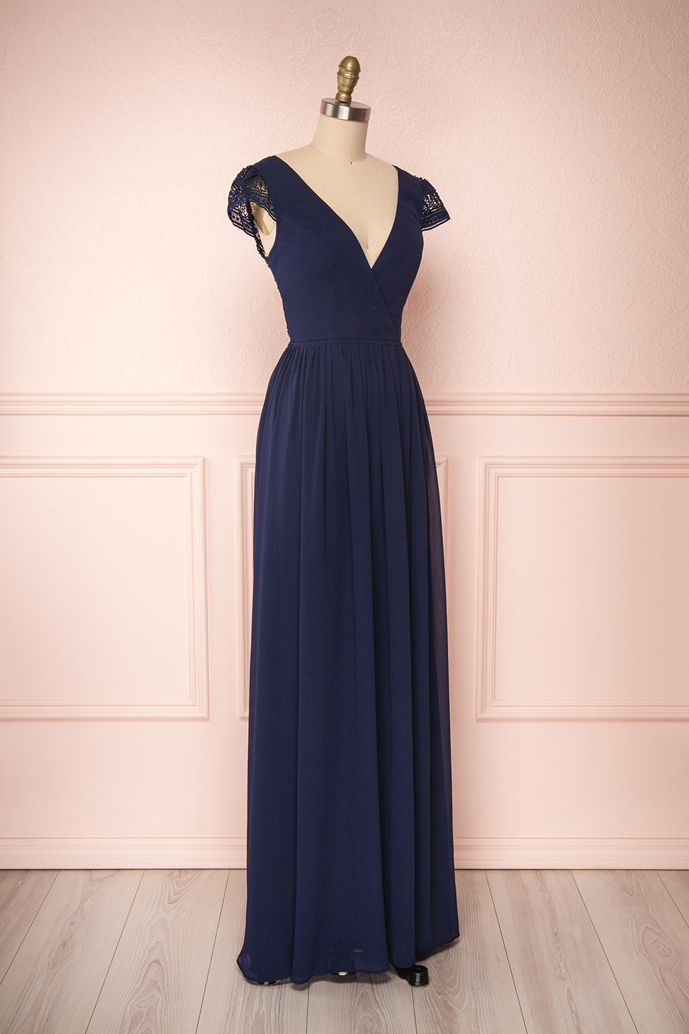 Senji Navy Blue Chiffon & Lace Wrap-Style Gown | Boudoir 1861