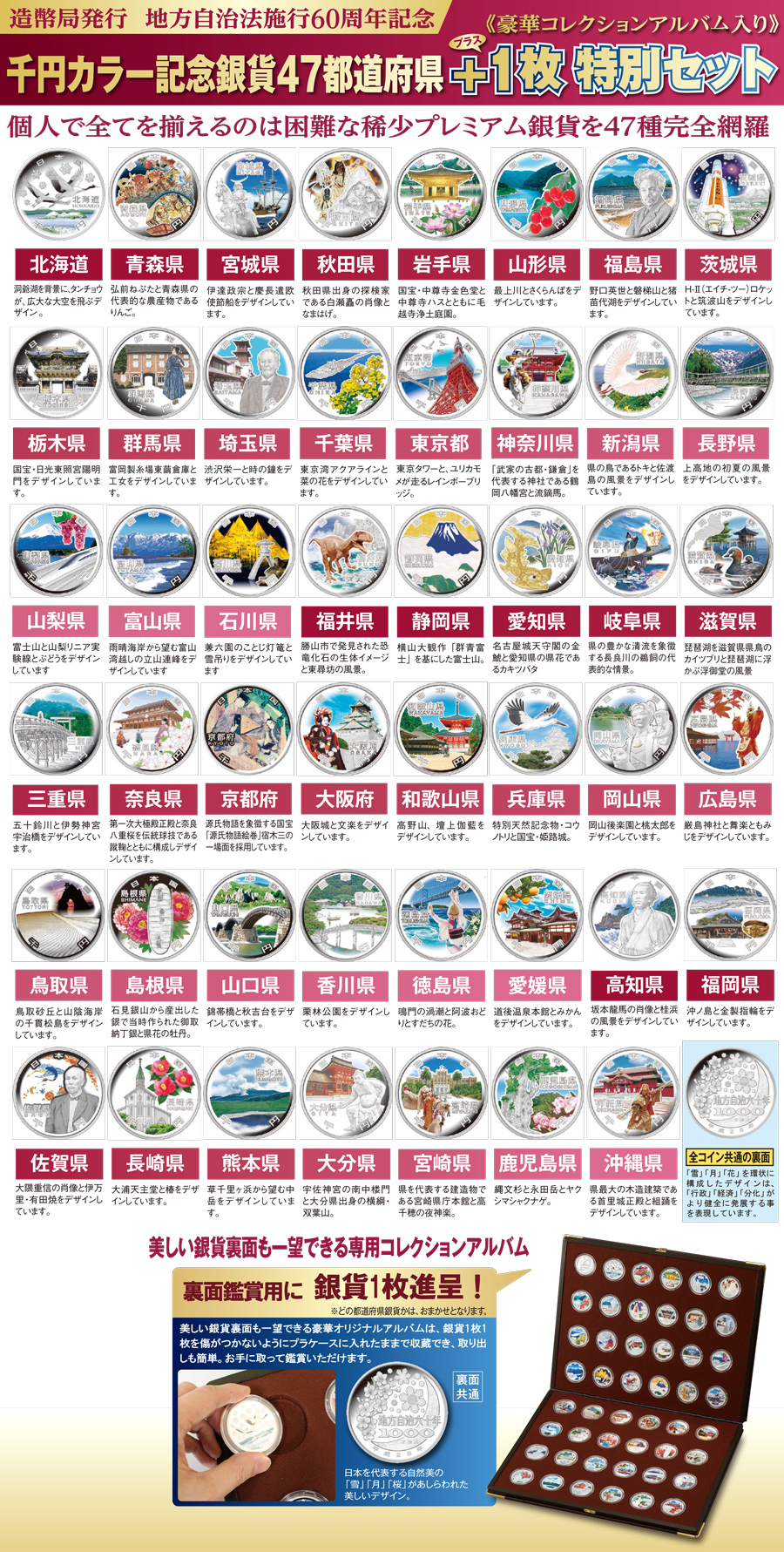 造幣局発行 地方自治法施行60周年記念】千円カラー記念銀貨47都道府県+