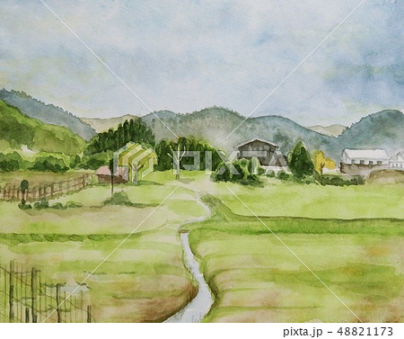 水彩 里山の風景のイラスト素材 [48821173] - PIXTA