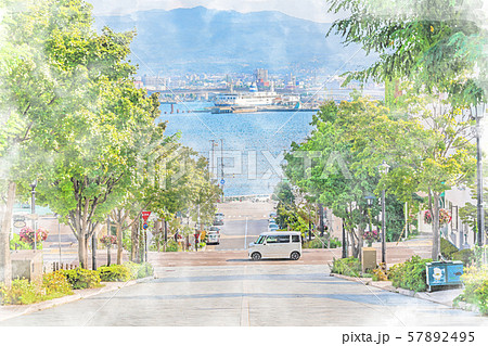 北海道の夏 函館元町の坂のある風景 [八幡坂]のイラスト素材 [57892495