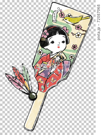 晴れ着の少女と梅の枝に留まった鶯が描かれた羽子板と羽根 版画風の