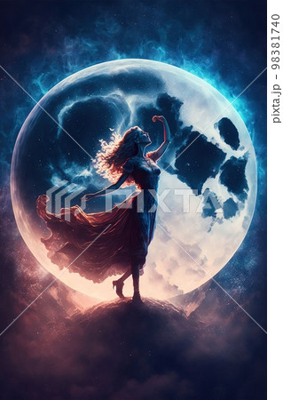 幻想的な月夜に佇む女性のイラスト素材 [98381740] - PIXTA