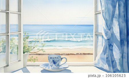 窓からの海の眺めとコーヒーカップ_5 Generative AIのイラスト素材