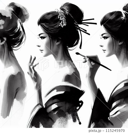 横を向いた女性の水墨画調イラストのイラスト素材 [115245970] - PIXTA