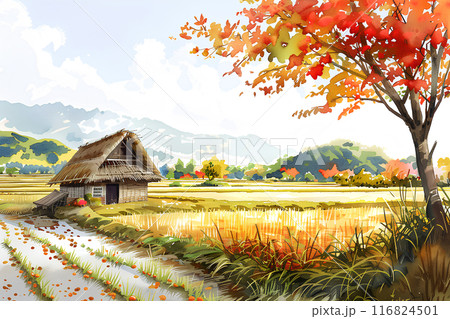 秋の田園風景（水彩画風）のイラスト素材 [116824501] - PIXTA