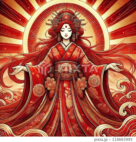 太陽を背景に佇む天照大御神のイラスト素材 [118665995] - PIXTA