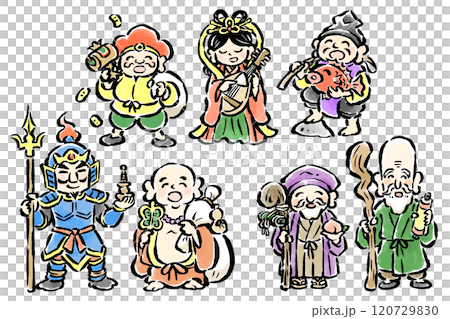 七福神 筆タッチ手描き 立ちポーズイラストセットのイラスト素材