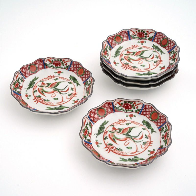 九谷焼 伝統柄 【九谷焼】4.2号皿揃 赤絵鳳凰〈5枚〉 |皿や鉢など和