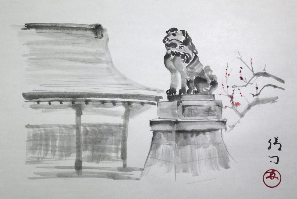 ネットで無料・10分水墨画教室・#89「狛犬」、#90「白梅」、#91「紅梅