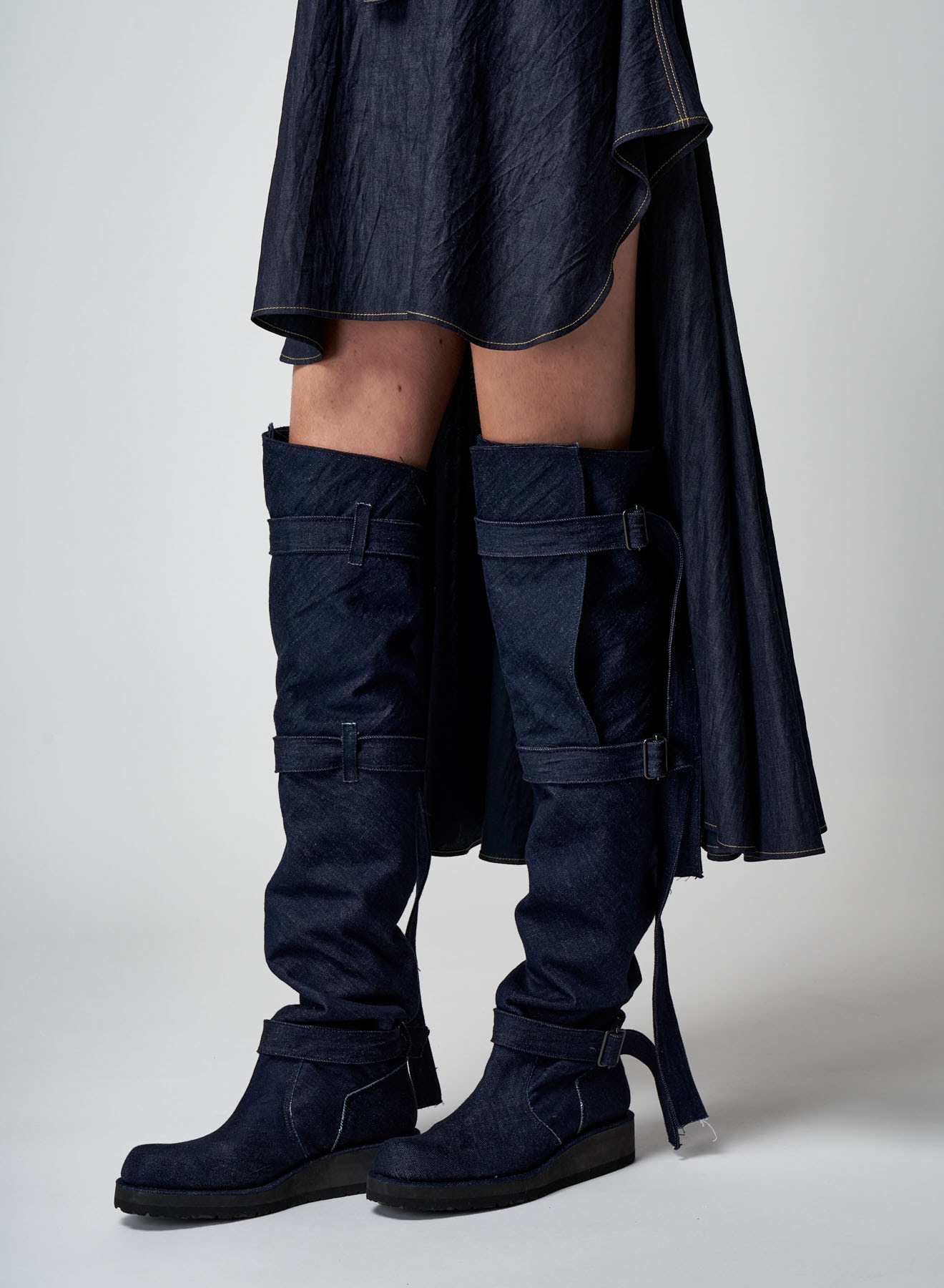 12 oz UNEVEN YARN DENIM LONG STRAP DENIM BOOTS(23.5 Navy): Vintage