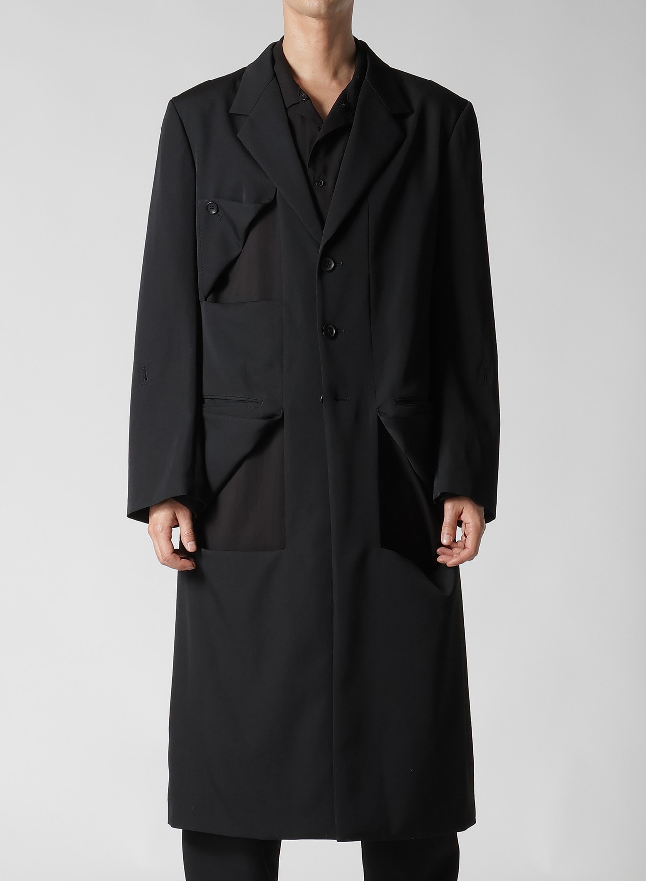 WOOL GABARDINE DIAGONAL BUTTON LONG JACKET(S Black): Soldes｜THE