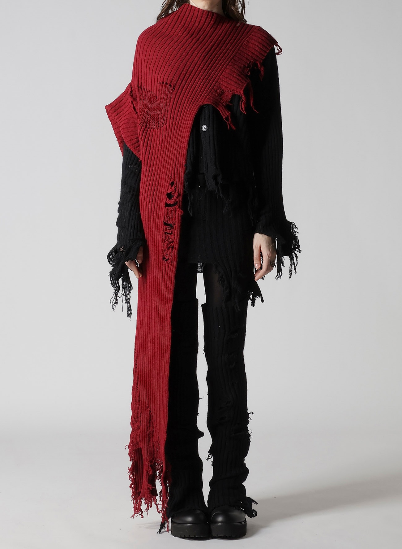 CRUSHED RIB DAMAGED 2WAY WOOL SCARF(FREE SIZE Bordeaux): LIMI feu