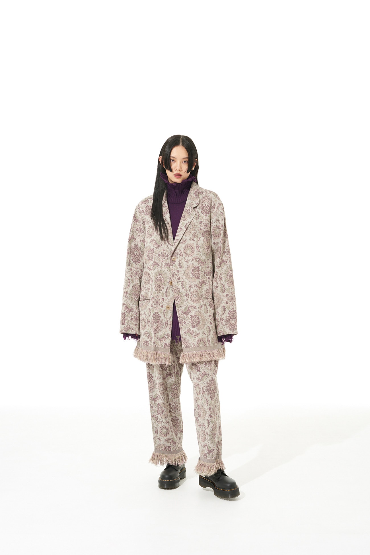 GOBELIN-STYLE JACQUARD SHIRT JACKET WITH FRINGE HEM DESIGN(M Beige