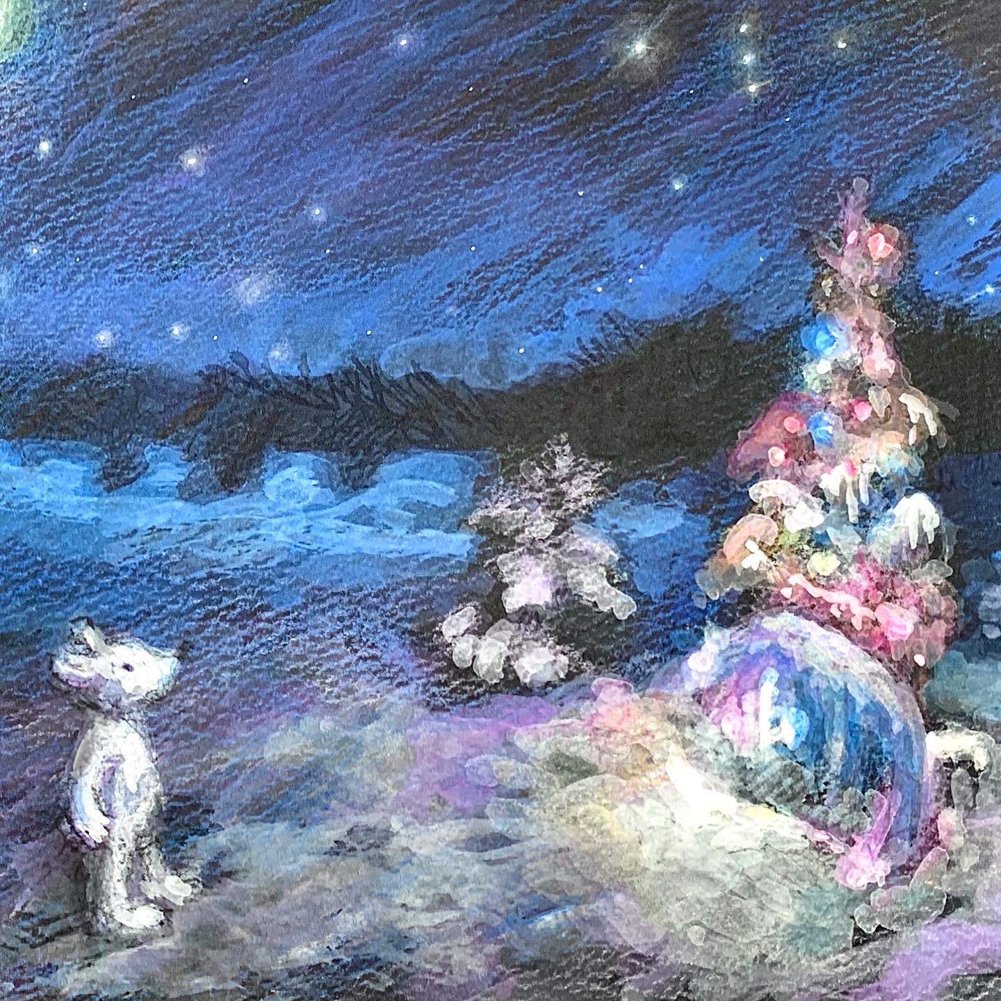 アクリル画 〖 森の夜 〗アクリル絵具・色鉛筆（ A4サイズ 額入り