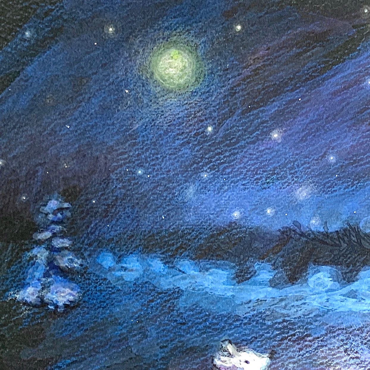 アクリル画 〖 森の夜 〗アクリル絵具・色鉛筆（ A4サイズ 額入り