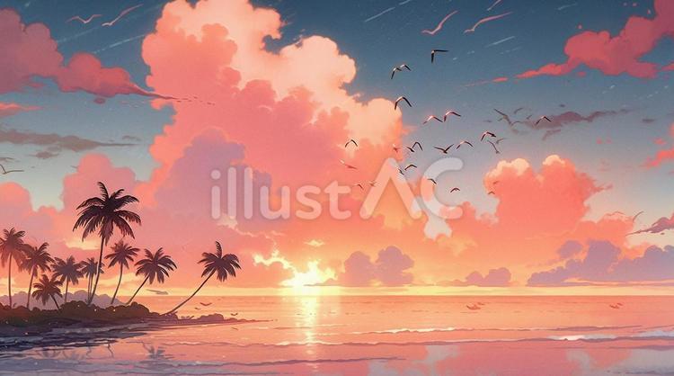 南国ビーチの夕日イラスト - No: 24217945｜無料イラスト・フリー素材