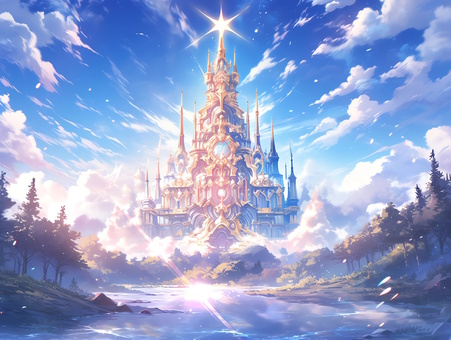 ファンタジー世界の輝く水辺に建つ城_背景に似ているイラスト素材