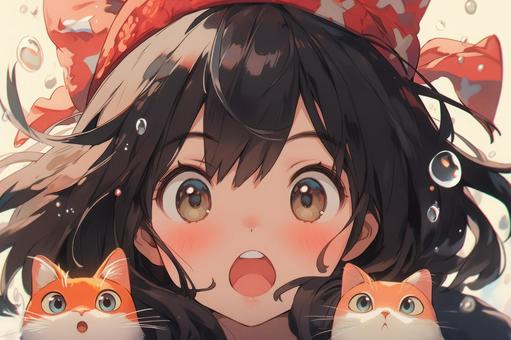 猫と驚く女の子イラスト - No: 24357434｜無料イラスト・フリー素材