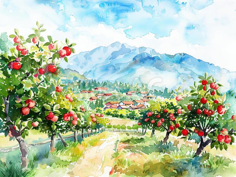 水彩画／長野県のりんごの里と山の風景イラスト - No: 25362139｜無料