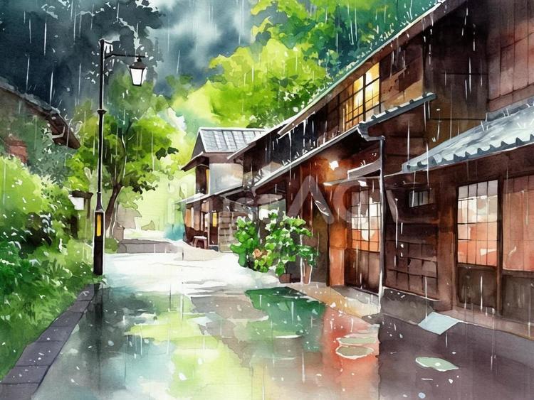 情緒溢れる日本の雨の風景。梅雨時の背景等イラスト - No: 25331881