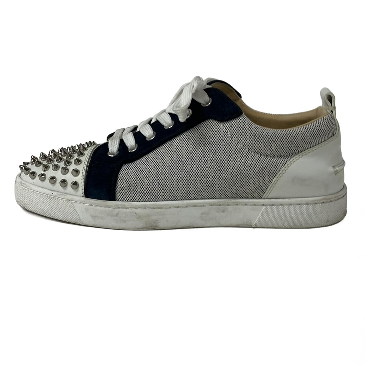 美品 42 クリスチャンルブタン スタッズ デッキシューズ シルバー 美品