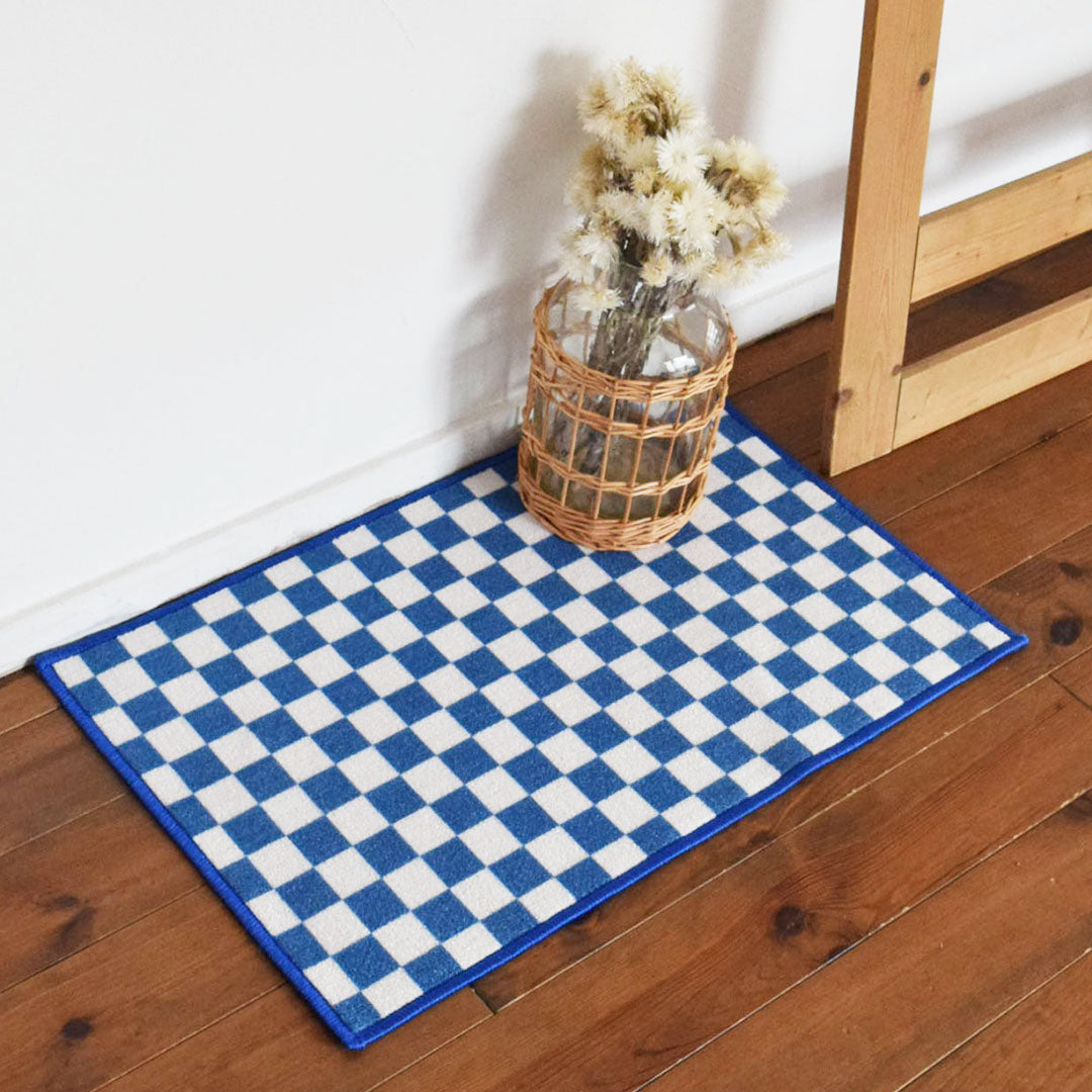 チェック柄ミニラグマット TOCORU Series フラッグ ループ ブルー
