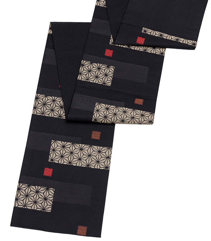 お仕立済み】桐生織 京袋帯(横段破れ麻の葉：黒) 京袋帯 【きもの都粋】