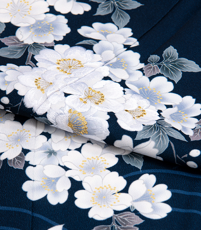 お仕立済み・袷】洗える訪問着（野バラ：紺）（M・L） 洗える訪問着