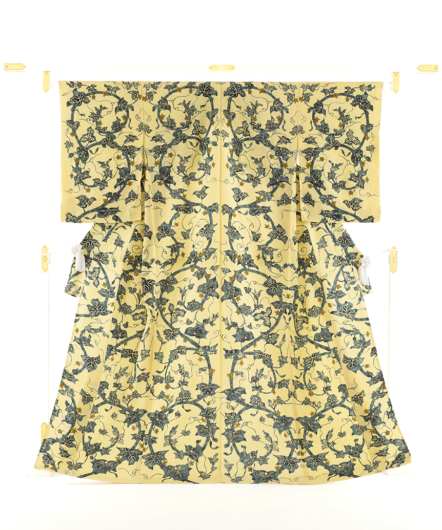 国画会会員 小島悳次郎作 縮緬 型絵染 小紋地 「瓜唐草紋」 未仕立て品