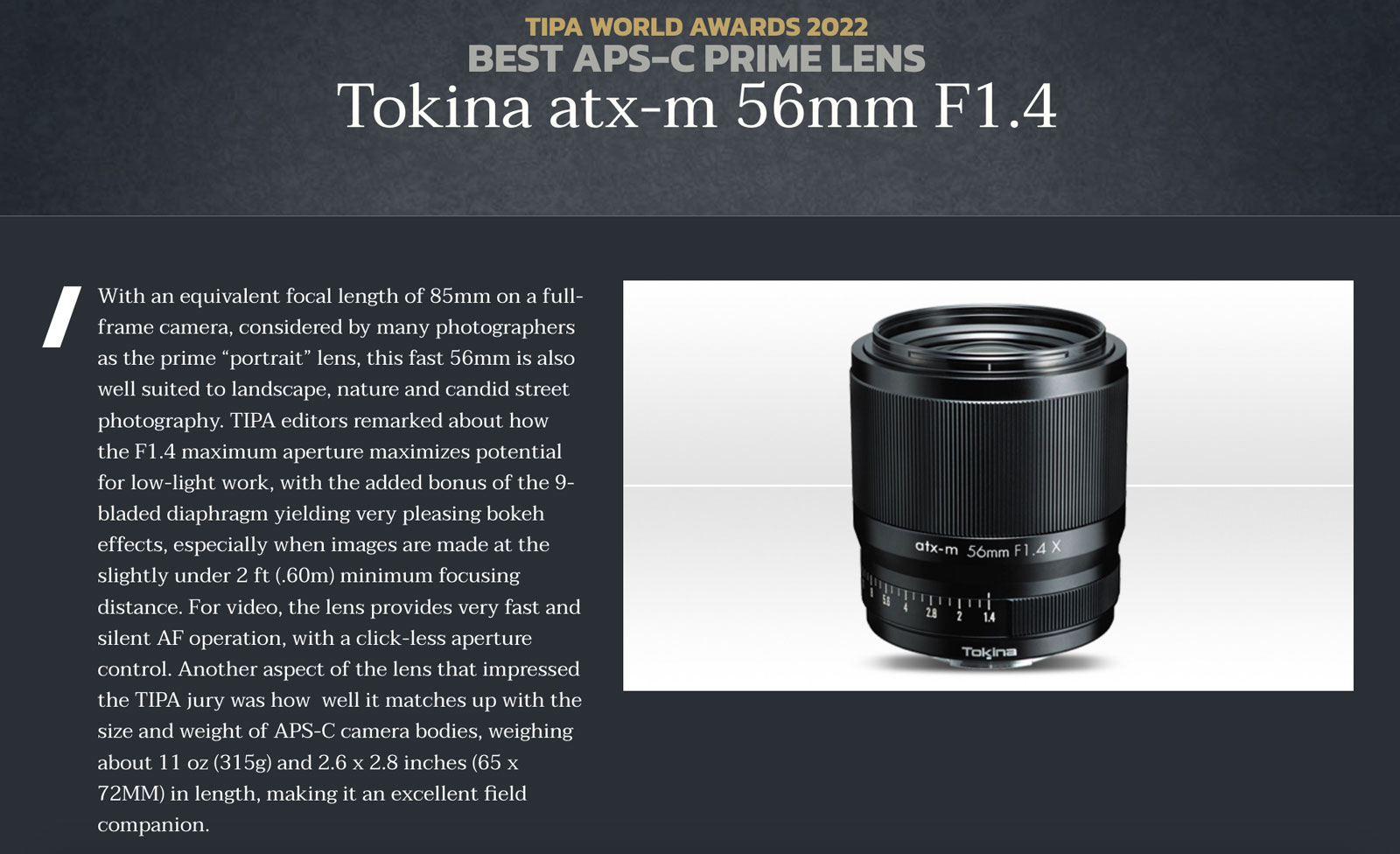 Tokina - Receiving 2022 TIPA World Award for Tokina atx-m 56mm F1
