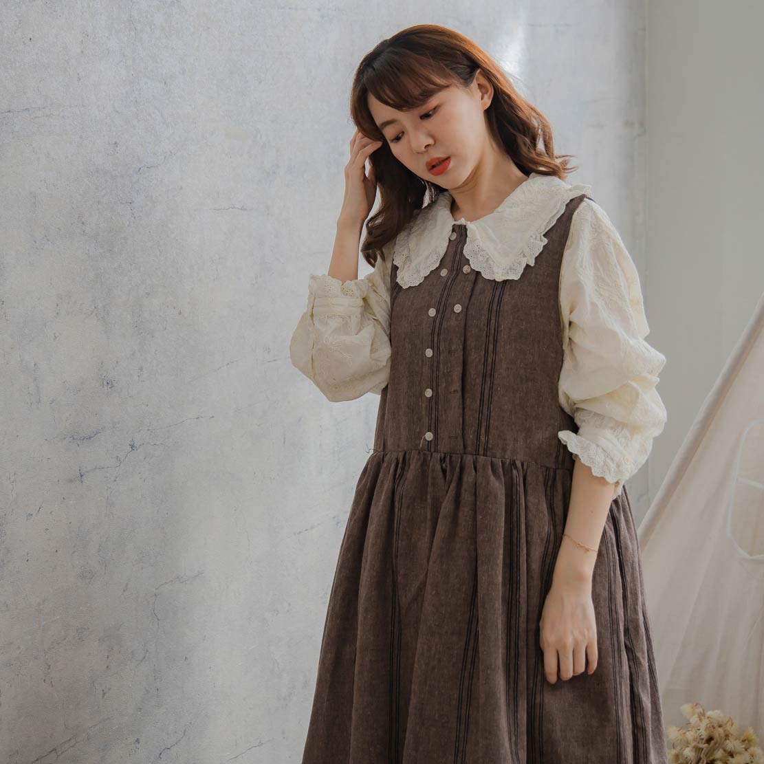 楽天市場】ダブルラインボタンストライプ柄リネンノースリーブロング