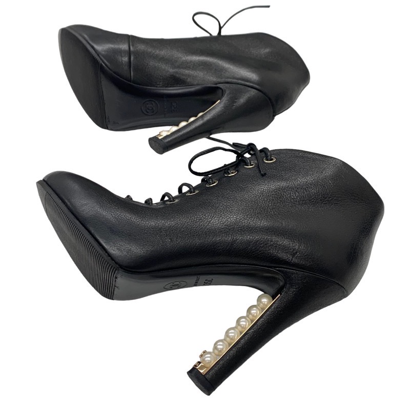 シャネルショートブーツ編み上げレザーパールブラック 楽天市場