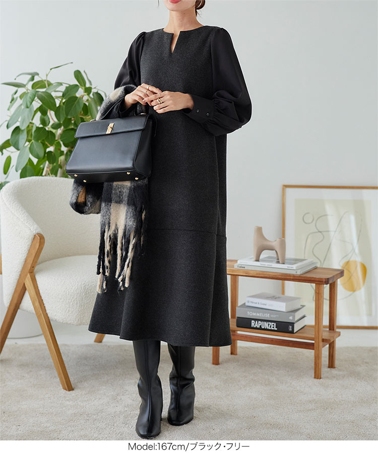 楽天市場】異素材切替 キーネック ワンピース レディース ワンピ