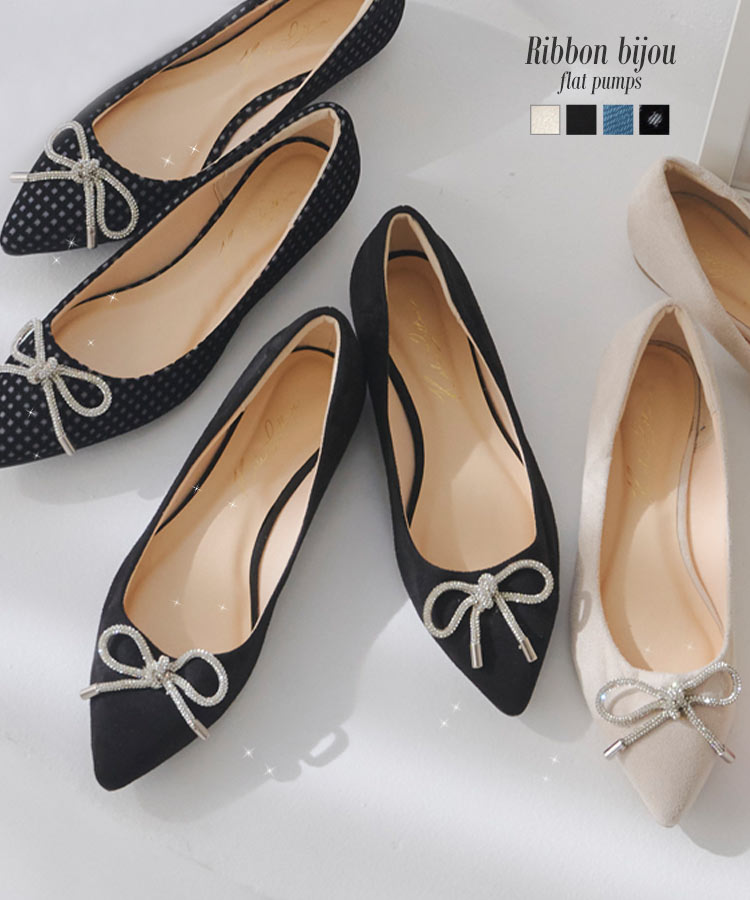 楽天市場】リボン ビジュー フラットパンプス レディース パンプス