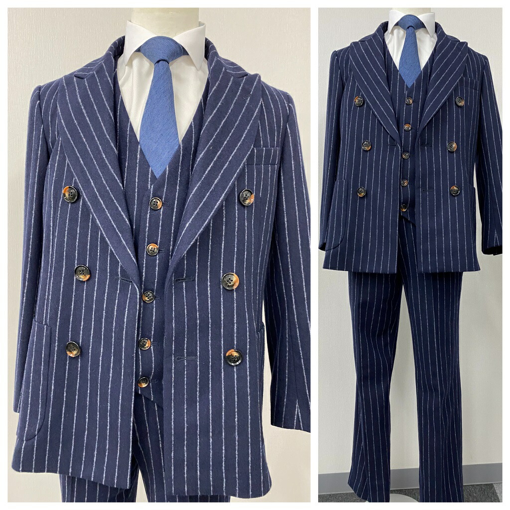 楽天市場】ネイビーストライプダブルジャケット秋冬スリーピーススーツ