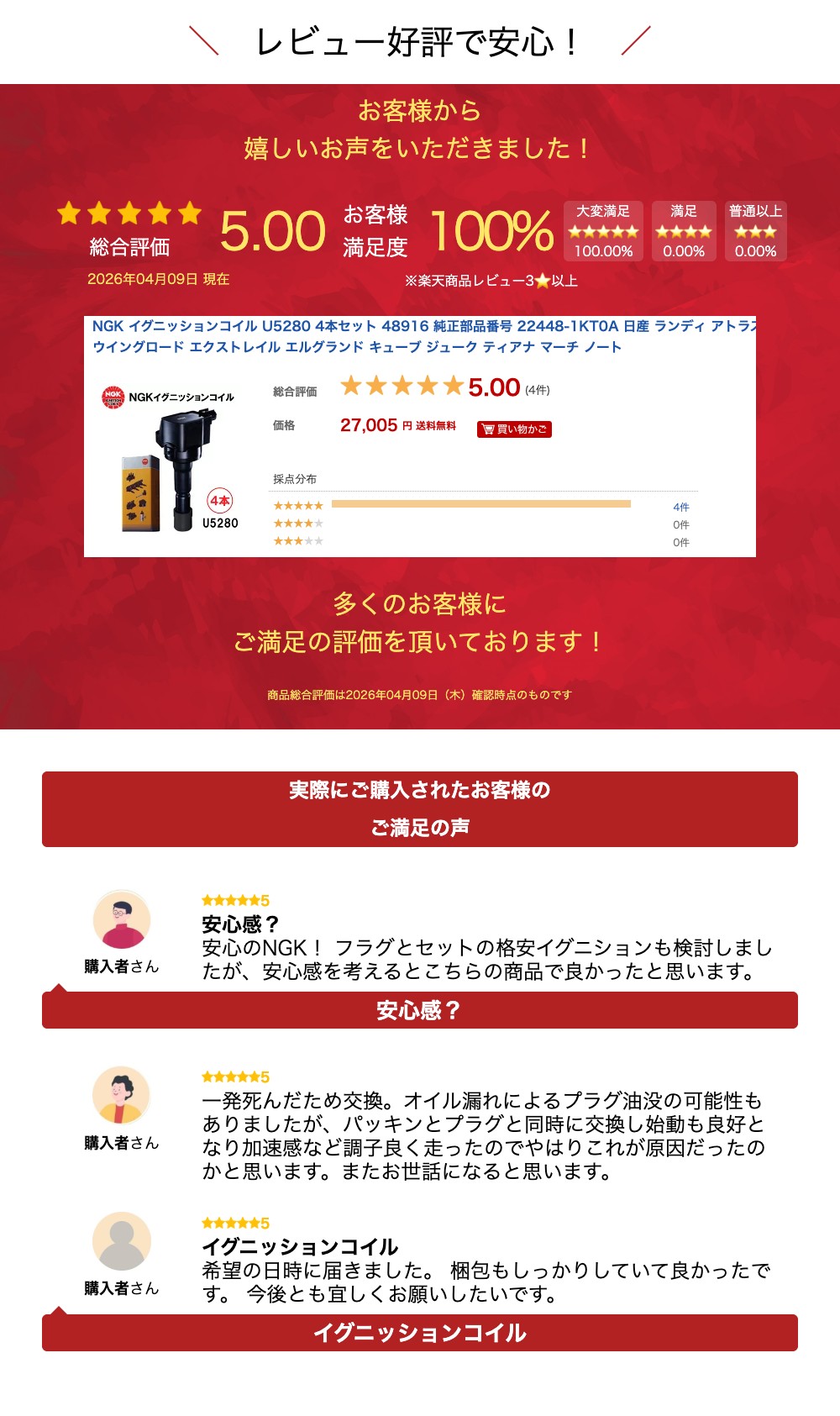 楽天市場】NGK イグニッションコイル U5280 4本セット 48916 純正部品