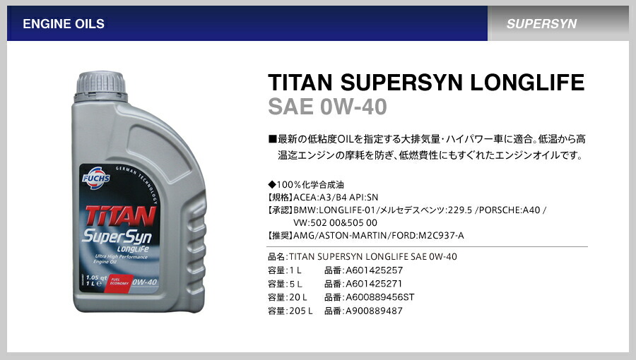 楽天市場】TITAN SUPERSYN LONGLIFE SAE 0W-40 5L FUCHS フックス