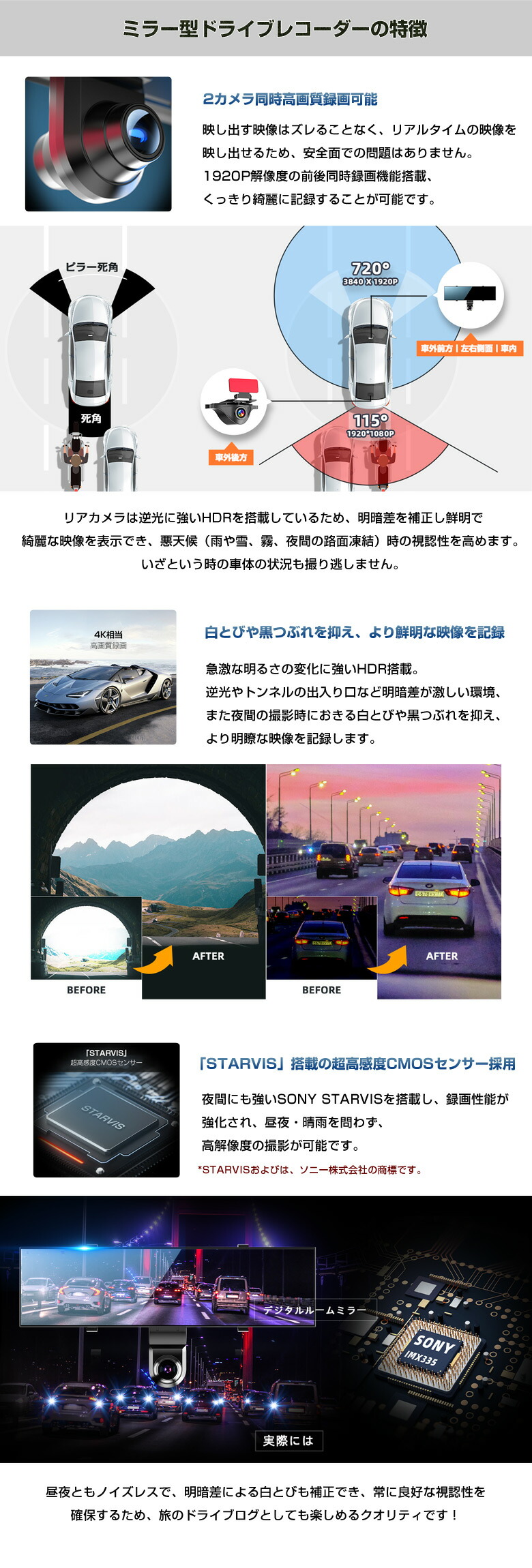 楽天市場】720度 ミラー型ドラレコ AKY-V720S ドライブレコーダー 2022