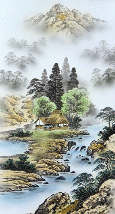 楽天市場】掛軸 四神相応山水図 伊藤岳仙(掛け軸 尺五立) 幅54.2cm×丈