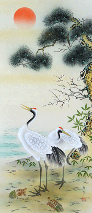 楽天市場】掛軸 松竹梅鶴亀 香泉画(掛け軸 尺五立) 幅54cm×丈185cm