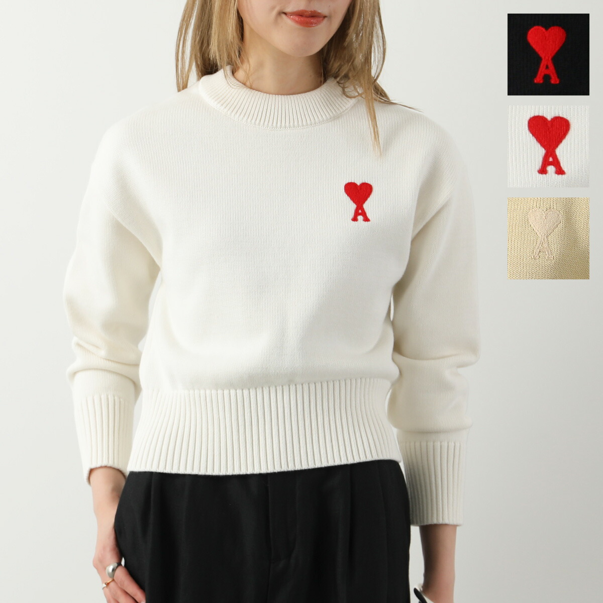 AMI PARIS ハート刺繍 クルーネックニットセーター 秋冬 ユニセックス