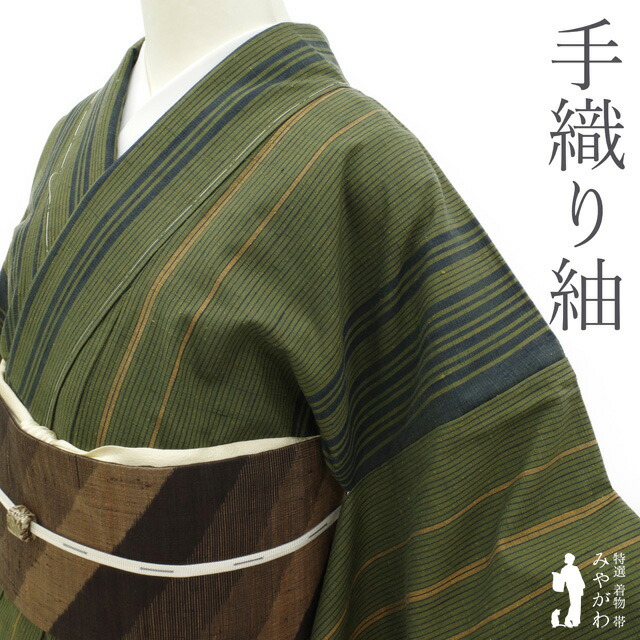 楽天市場】【中古】 紬 着物 正絹 袷 手織り 鶯色 緑 グリーン系 縞 紬