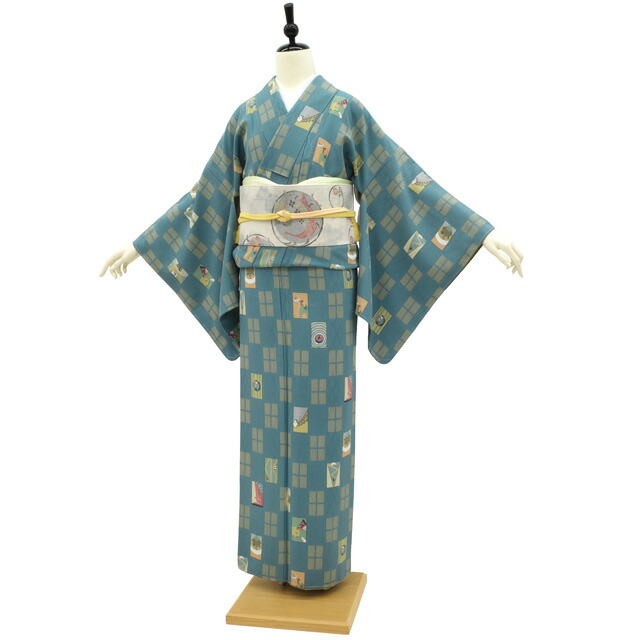 楽天市場】【中古】 小紋 袷 着物 リサイクル 正絹 青緑 昔ばなし 竹取