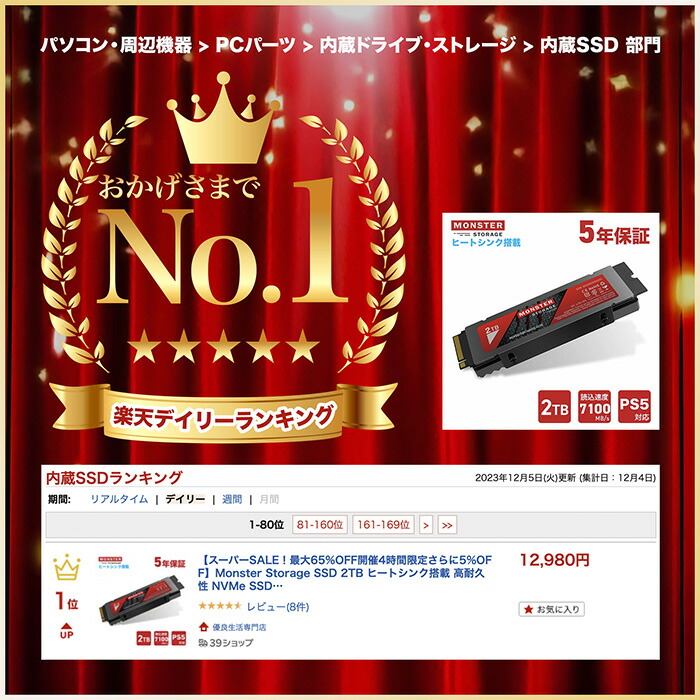 楽天市場】Monster Storage SSD 2TB NVMe PCIe Gen4×4 PS5確認済み