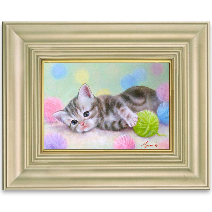 真作保証 19世紀 古画 「3匹の猫」 油彩4号 希少な動物画 真作保証 19