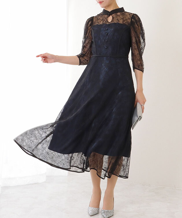 楽天市場】7分袖 総レース 花柄 プチハイネック ワンピース 女性